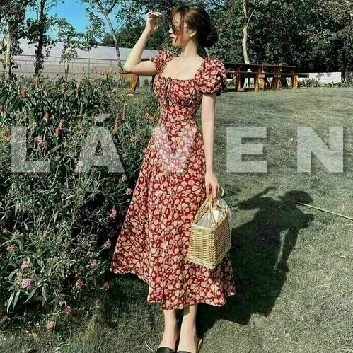 Váy hoa đỏ vintage xẻ tà có miếng lót ngực free size dưới 55kg vừa kèm hình thật-1