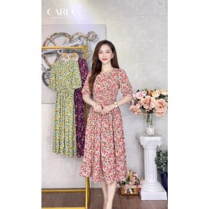 Váy hoa nhí nhún eo che khuyết điểm vintage EVA_V18-8
