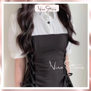 Váy Nữ Cổ Sơ Mi Tay Lỡ Đan Dây Eo Dáng Xòe Tiểu Thư Chất Đũi Lụa NinaStore-2