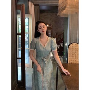 Đầm váy nữ hoa nhí dáng dài hai kiểu thắt eo cổ viền ren tiểu thư màu xanh cốm-5