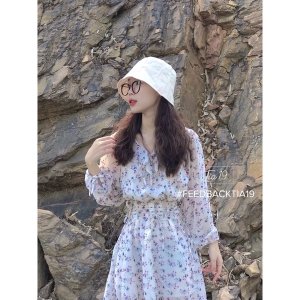 Váy hoa dài tay ulzzang kèm đai Tia19. Đầm hoa nhí ulzzang dáng xoè (Ảnh thật)-3
