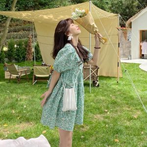 [SẴN/ VIDEO THẬT] Đầm Váy Hoa Babydoll Thô Hoa Nhí Xanh Buộc Nơ Sau-2