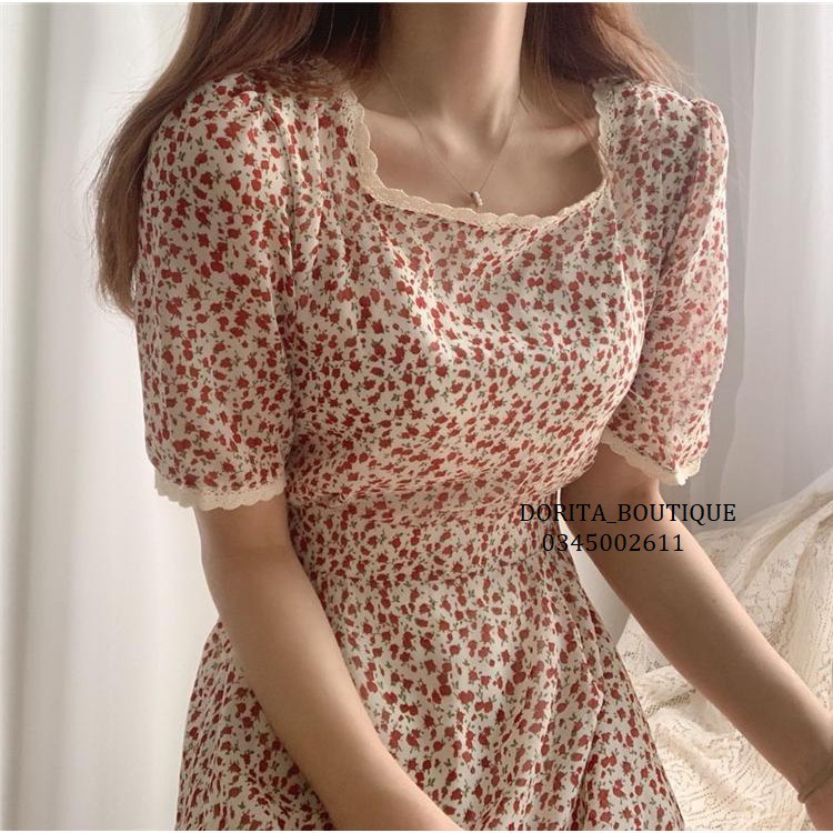 Váy hoa nhí vintage cổ vuông ngắn tay, Đầm vintage dáng dài - Dorita Boutique-1