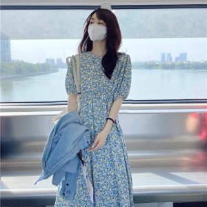 Váy Hoa Nhí Maxi Chun Eo Tay Bồng Ulzzang Style (Hàng Loại 1,hình thật) Váy Hoa Nhí Xanh Vintage-2