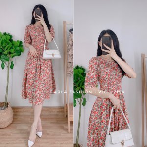 Váy hoa nhí nhún eo che khuyết điểm vintage EVA_V18-4