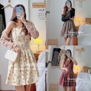 [Ảnh thật/Video] SET VÁY HOA 2 MÓN gam màu kiểu retro gồm váy hoa ngắn và cardigan lửng tone màu cực xinh-3