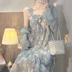 Set Áo Thun Ngắn Tay Và Đầm Dây In Hoa Chất Liệu Chiffon Thời Trang Trẻ Trung-3