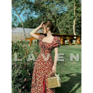 Váy hoa đỏ vintage xẻ tà có miếng lót ngực free size dưới 55kg vừa kèm hình thật-2