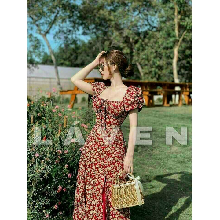 Váy hoa đỏ vintage xẻ tà có miếng lót ngực free size dưới 55kg vừa kèm hình thật-2