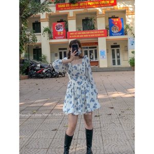 [ẢNH THẬT m ]Váy/ đầm dài tay hoa nhí cổ vuông dúm ngực dáng A bồng bềnh-7