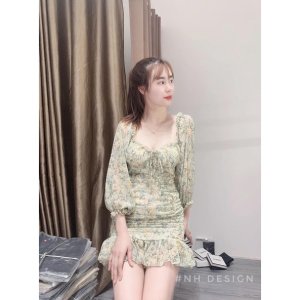 Váy hoa nhí xanh hồng nhún đuôi cá phiên bản dài tay-4