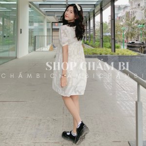 Váy kiểu Hàn Quốc V.097, Váy babydoll be 2 lớp cổ tròn tay phồng thắt nơ lưng họa tiết ren nổi cực xinh-9