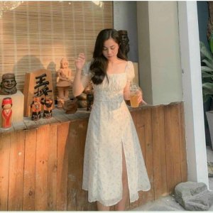 Đầm Maxi Hoa Nhí Vàng/ Váy Maxi Cổ Vuông Tay Bồng Lưng Chun Thun Sẵn Mút Siêu Yêu-8