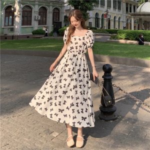 Váy Đầm Cotton Bồng Nơ Dài Họa Tiết Nơ Xinh Xắn Cho Nữ-5