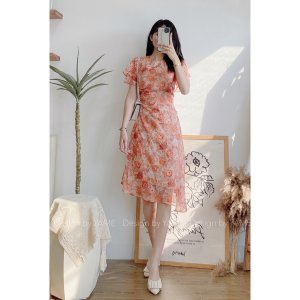 Váy đầm hoa nữ ngắn tay dáng dài hoa cam cổ tròn nhún eo YAME-2