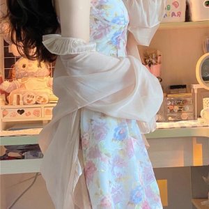 Set áo khoác cardigan mỏng + váy 2 dây hoa có sẵn mút ngực 🌷-2