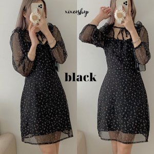 Váy hoa nhí voan, đầm nơ cổ khoét ngực dáng xoè Hàn Quốc xixeoshop - v85-5