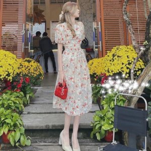 Váy thiết kế hoa vintage tay ngắn ly ngực dáng xòe dài tiểu thư sang chảnh loại 1-4