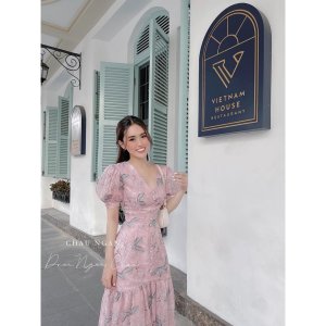 váy tơ hoa đuôi cá cúc bọc cổ v - váy thiết kế đuôi cá 2 lớp-5