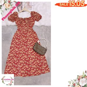 VÁY HOA NHÍ ĐỎ CỔ VUÔNG XẺ VẠT-2