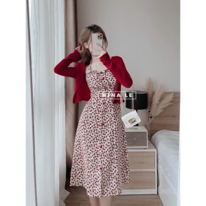 Đầm váy nữ 2 dây phối nút chất voan hoa kiểu tiểu thư kèm áo khoác ngoài tay dài xịn xò, sang chảnh cho nàng dạo phố-3
