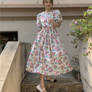 Váy hoa nhí vintage dáng dài maxi xòe qua gối HSG082, đầm dáng xòe cổ tròn tay bồng chun eo dễ mặc-6