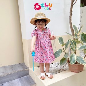 Váy cho bé gái GELU KIDS họa tiết hoa nhí phối cổ viền ren bé gái chất liệu thô mềm mát - VBG003-3