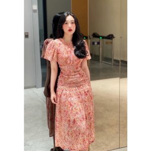 Váy hoa nhí tay bồng dúm eo hoa hồng vintage 2 lớp xinh-3