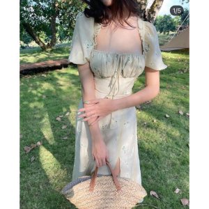 Váy hoa nhí gấm tay bồng cup ngực , đầm thiết kế phối xẻ nơ ngực mặc được 2 kiểu, tiểu thư nhẹ nhàng kèm ảnh thật-3