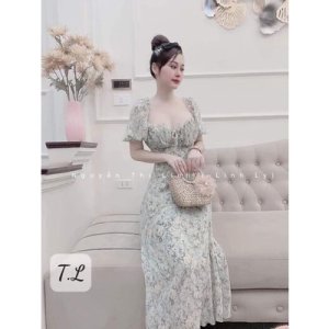 Váy hoa cúp ngực thanh nhã dáng dài xẻ mát lạnh-4