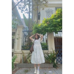 Váy Babydoll Thêu Hoa Tay Bồng, Váy Xoè Trắng-4