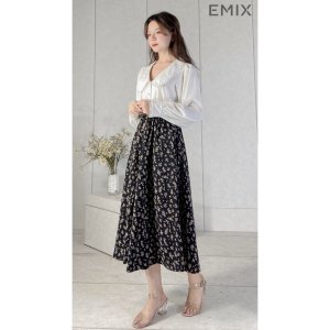 Chân váy nữ hoa nhí hoa đen EMIX (màu đen), ulzzang, dáng dài, cạp chun, vải lụa mềm, co giãn, 1 lớp nhưng không lộ-4