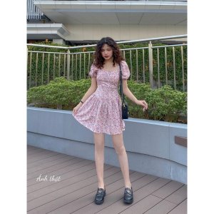 Váy hoa nhí vai bèo dáng chữ A vintage tay phồng bánh bèo sp012-2