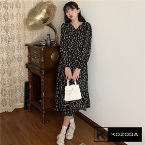 Váy babydoll dáng dài đầm hoa nhí trắng đen hàn quốc dài tay vintage tiểu thư đẹp kozoda D9-6