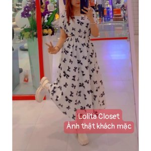 Váy Đầm Cotton Bồng Nơ Dài Họa Tiết Nơ Xinh Xắn Cho Nữ-4