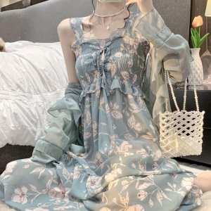 Set Áo Thun Ngắn Tay Và Đầm Dây In Hoa Chất Liệu Chiffon Thời Trang Trẻ Trung-7