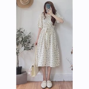 Đầm - Váy hoa nhí cổ tròn tay lỡ cúc ngực xinh xắn vintage-1