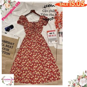 VÁY HOA NHÍ ĐỎ CỔ VUÔNG XẺ VẠT-5