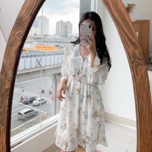 Váy hoa nhí Vintage đuôi cá dài tay có chun eo-6