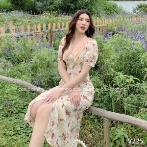 Váy Hoa Nhí Vintage Dáng Dài Cổ Bèo Vải Tơ Lụa Cao Cấp V225-6