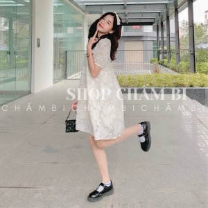 Váy kiểu Hàn Quốc V.097, Váy babydoll be 2 lớp cổ tròn tay phồng thắt nơ lưng họa tiết ren nổi cực xinh-5