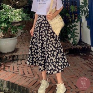 Chân Váy Hoa Nhí Vintage Nhiều Màu Hàng Quảng Châu - Chân Váy Dài Vintage Cạp Chun (có loại 2 lớp)-3