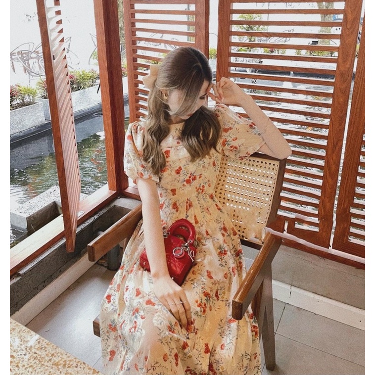 Váy hoa nhí xếp li ngực tay bồng tiểu thư diện đi chơi đi tiệc tone màu sáng da 2 lớp nhẹ nhàng xinh lắm-5