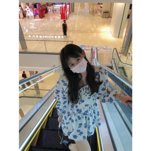 Váy đầm dài tay hoa xanh cổ chữ U dúm ngực tay phồng tiểu thư-7