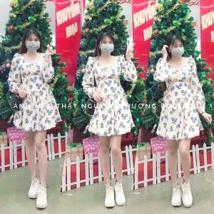 Đầm váy hoa xanh dài tay cổ vuông dúm viền ngực tôn dáng xòe bồng siêu xinh-5