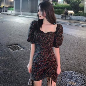 Váy dáng ôm tay ngắn cổ vuông in hoa thời trang phong cách Hàn Quốc-1