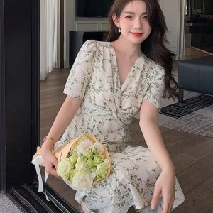 Đầm Hoa Ngắn Tay Cổ Chữ V Xinh Xắn Thanh Lịch Cho Nữ-3