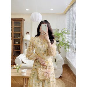 Váy đầm hoa nữ dài tay dáng dài nhún eo lót lụa mềm màu vàng mơ Jena Dress YAME-7