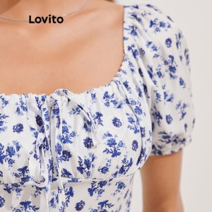 Váy Lovito họa tiết hoa phối dây buộc cổ vuông xẻ sâu kiểu dáng không đồng đều L13X002 (màu xanh lam)-5