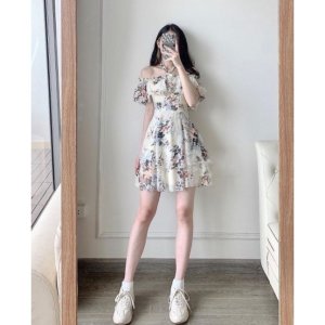 Váy hoa trễ vai buộc nơ cổ-2